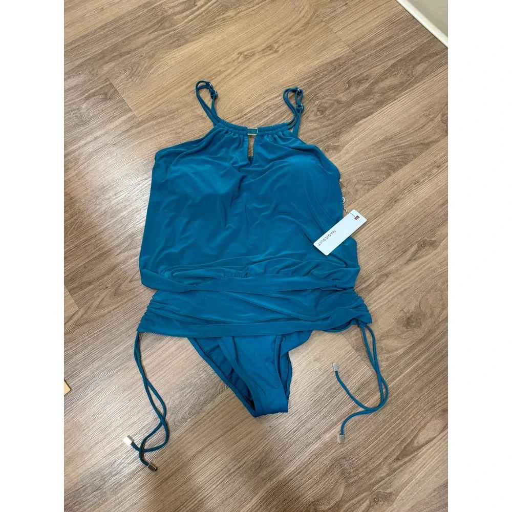 Magicsuit Women Teal Blue Blouson High Neck One Piece Swimsuit NWT Size 16